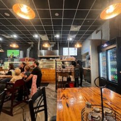 Indoor seating in pizza restaurant